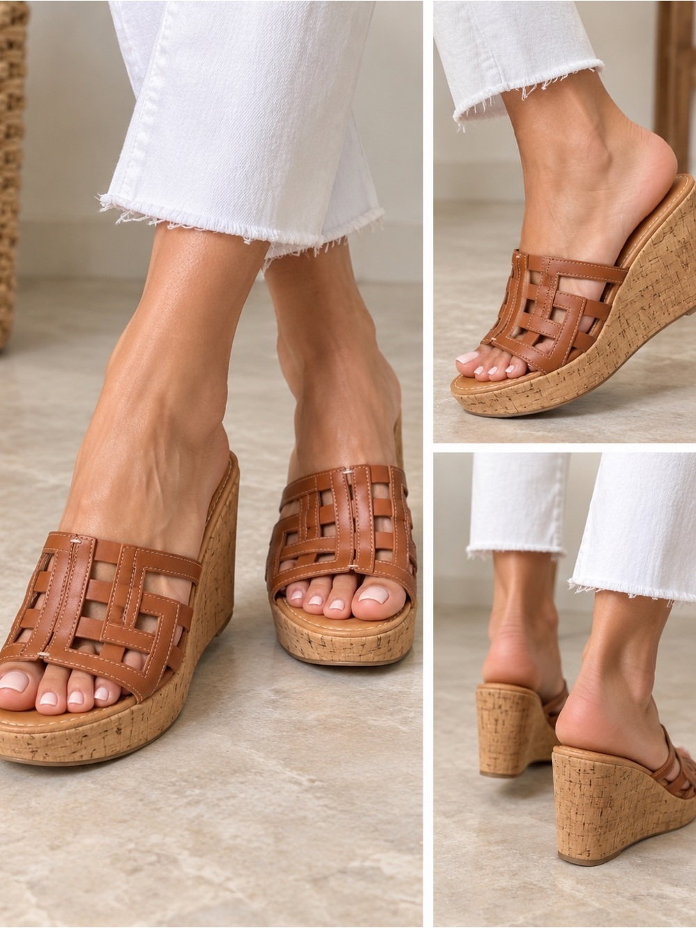 J. McLaughlin Tan Woven Leather Wedge Slide Sandal